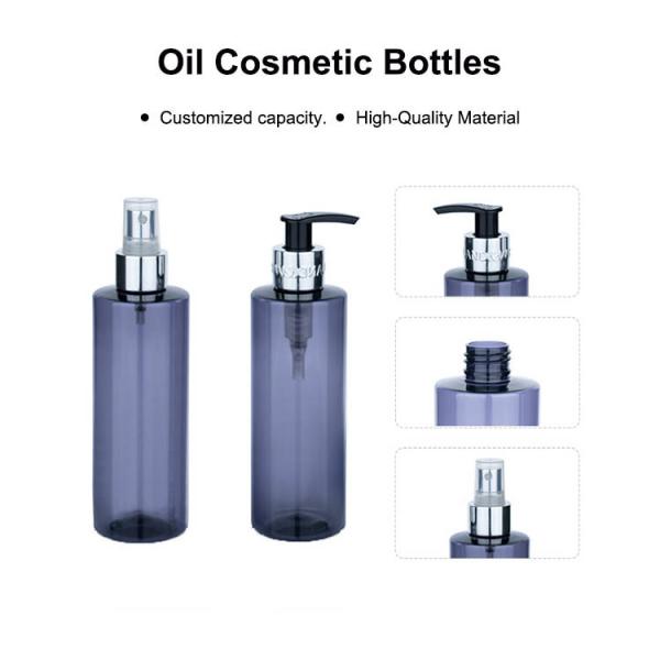 250ml Plastic blue transparent smooth cylindrical bottle with silver pump/spray for empty oil cosmetic bottle
