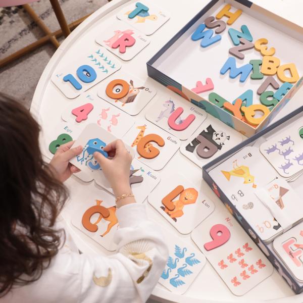 Wooden Number Alphabet Cognitive Education Matching Card Children's Early Education Stereo Two Sided English Word Puzzle Toys
