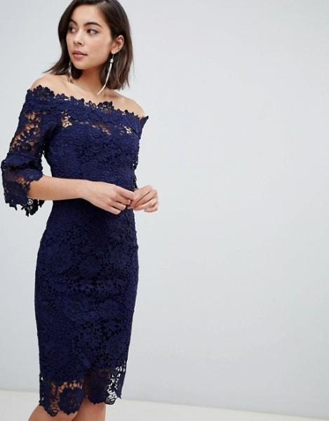 custom make off shoulder  frill sleeve navy crochet dress