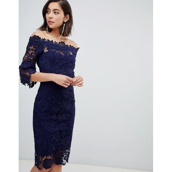 custom make off shoulder  frill sleeve navy crochet dress