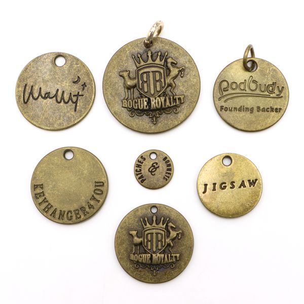 Antique Brass Round Coin Tag Custom Brand Name Logo Charm Circle Tags for Metal Key Chain