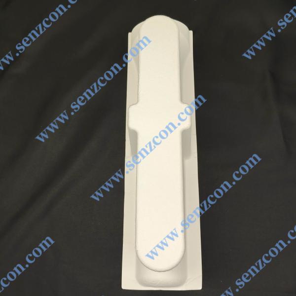 Paper pulp molding packaging for small household appliances. Foldable hair straighteners and hair curling irons. Environmentally friendly white paper pulp molding inner lining packaging.