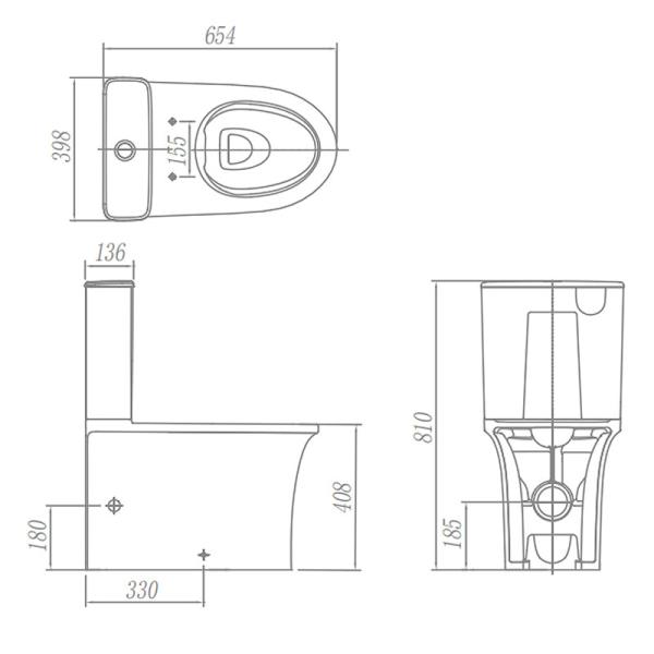 Туалет 654*398*810mm Washdown двухкусочный керамический для Bathroom