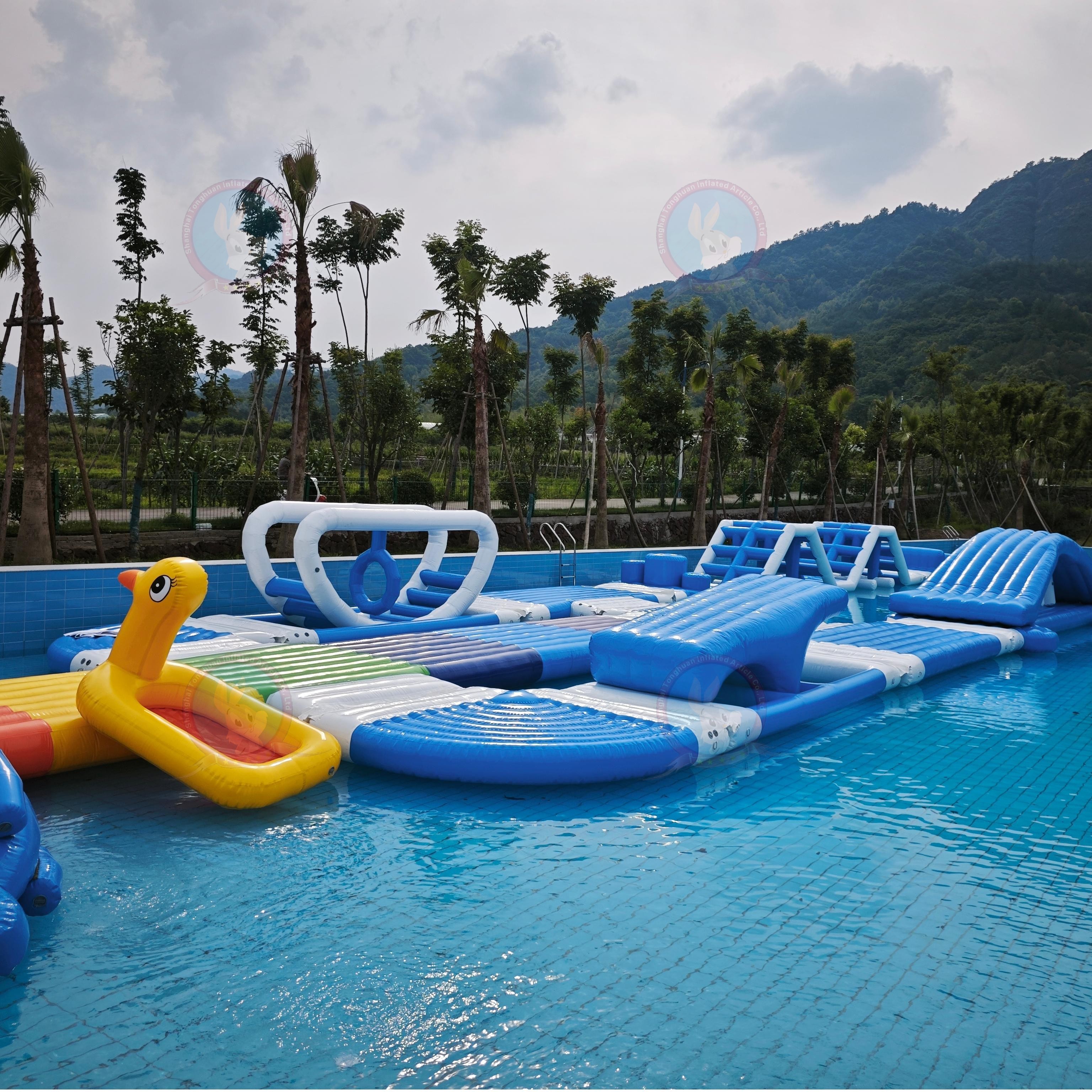 Custom Inflatable Pool Obstacle Course With Floating Platforms Climbing Areas And Balance Modules for Swimming Pool Events