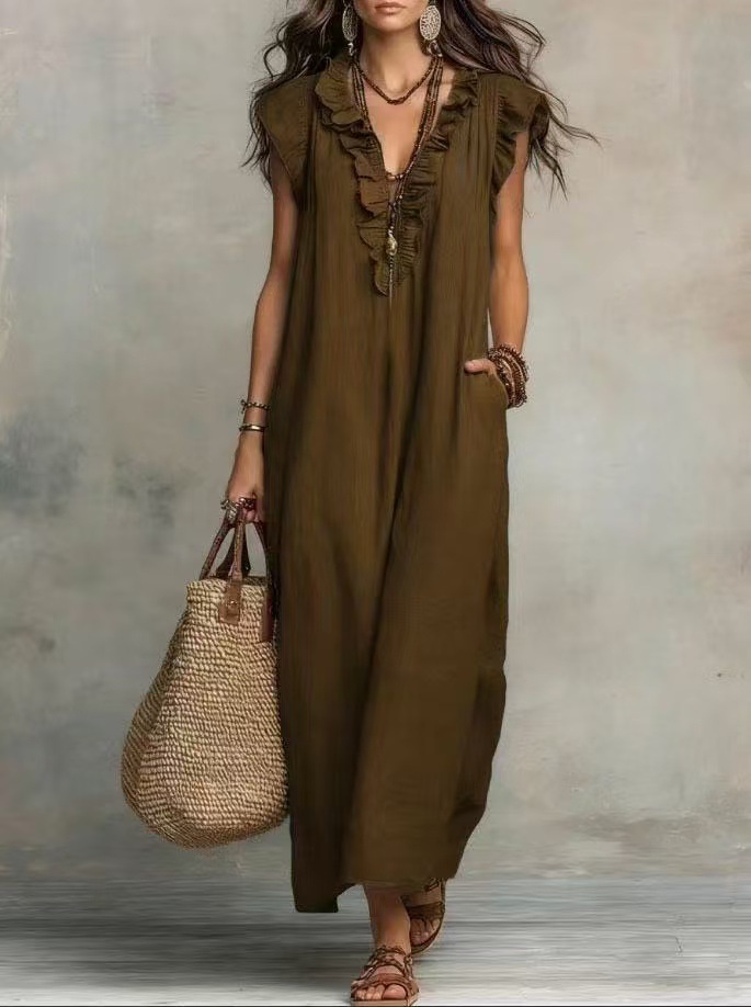 European Style Cotton Linen Dress with Breathable Fabric, Flowy Ruffle Sleeves, and Flattering V-Neck for Summer