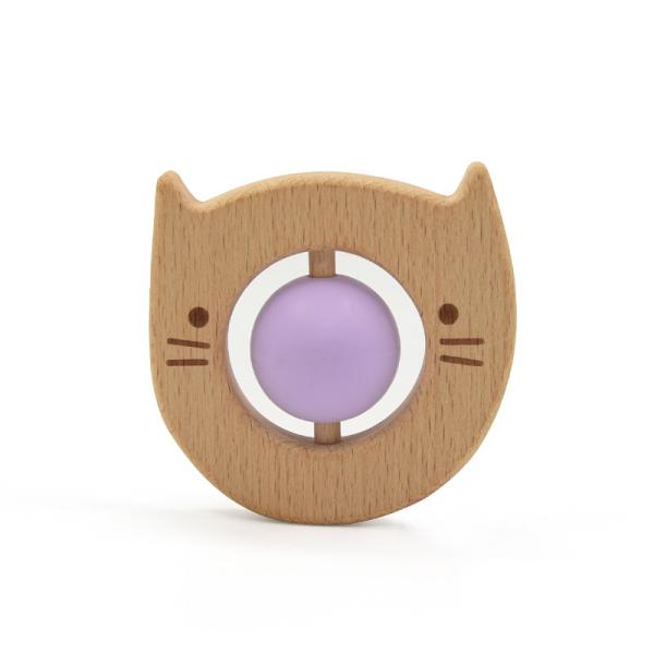 Portable 8cm Wooden Silicone Teether Rattle Rotation Ball Kitty Shape