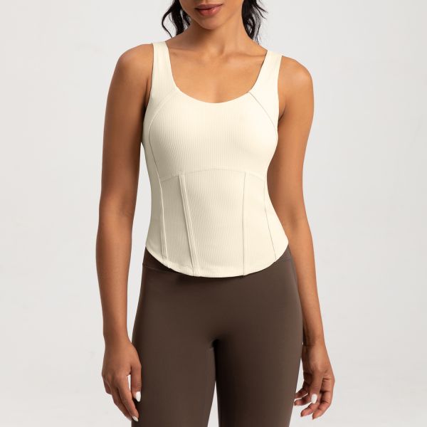 Women's Ribbed Knit Corset Style Workout Tank Top Beige Slim Fit Moisture Wicking