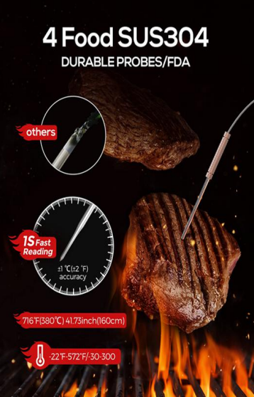 SS304 Grill / Barbecue Meat Thermometer Bluetooth Remote Monitor with 4 probes