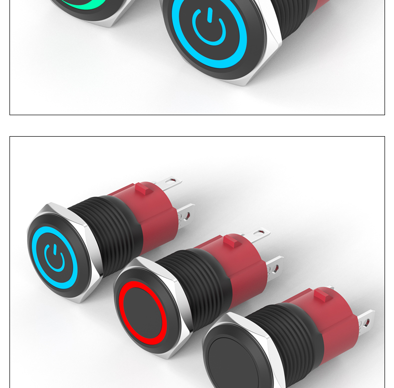 16MM Black Aluminum IP65 Ring Illuminated Button Switch 10A High Current 1NO Momentary Latching LED 4-Pin 220V Power