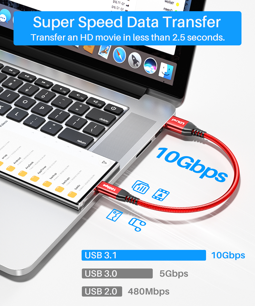 SuperSpeed USB C 10Gbps Cable Nylon Braided Fast Charge Cable Red For Smartphones, HD Webcams