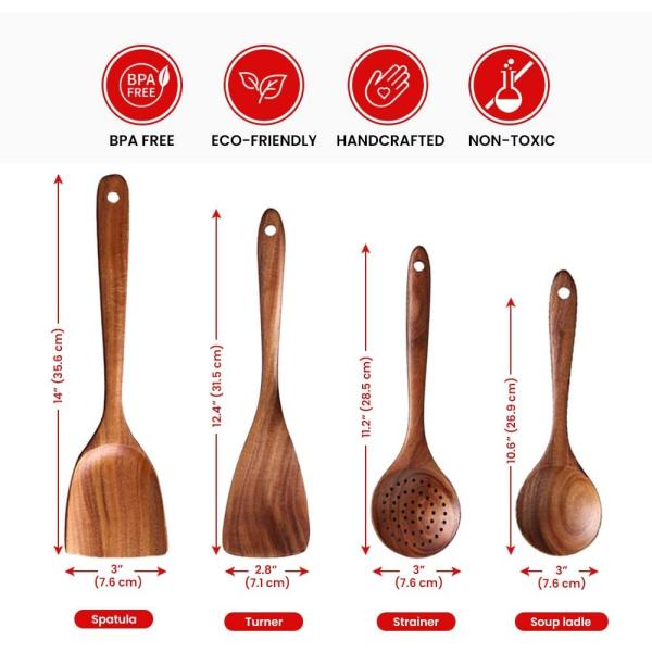 4pcs set eco-friendly Natural Teak Kitchen Wooden Utensils customized logo and packaging
