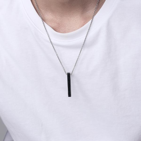 Black Stainless Steel and Carbon Fiber Bar Necklace Diamond Christian Religious Pendant