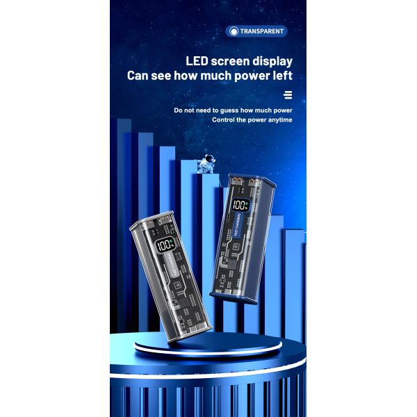 Built in Two Cables Fast Charging Powerbank 20000mah Transparent with Lcd Digital Display