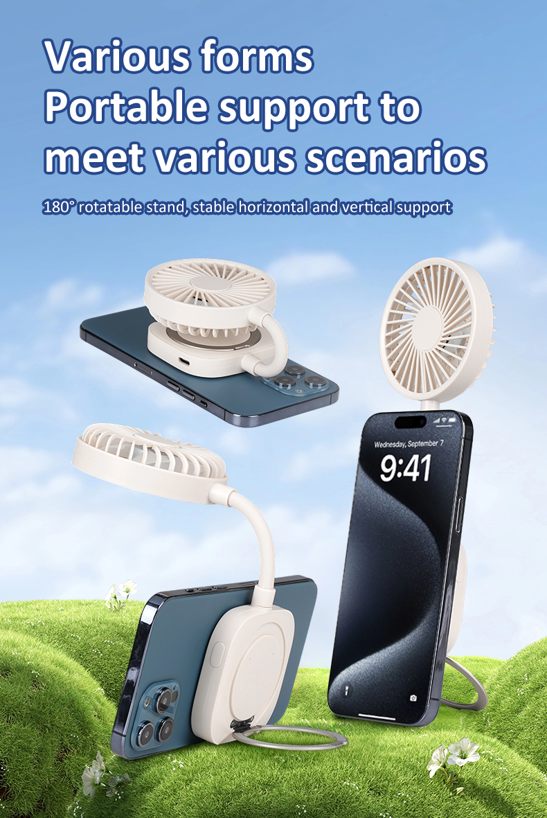 Magnetic Handheld Fan Tripod Durable Mobile Phone Metal Ring Rechargeable Battery Cooling Mini Magnetic Portable Fan with Magnet