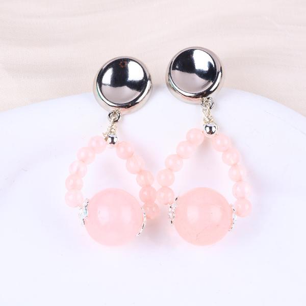 Handmade Crystal Stone Earrings Rose Quartz Gemstone Beaded Pendant Earrings