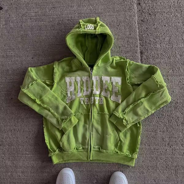 Hoodie ropa callejera personalizada bordado de angustia parche de cremallera de gran tamaño con capucha francés Terry Rhinestone fabricantes de capuchas