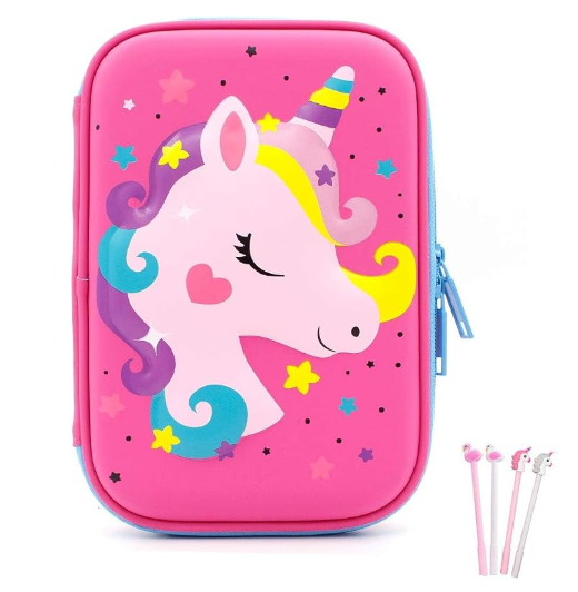 3D Cute EVA Unicorn Pen Pouch Stationery Box Anti-Shock Large Capacity Multi-Compartment for School with 4 unicorn pens ;EVA shell cushions supplies