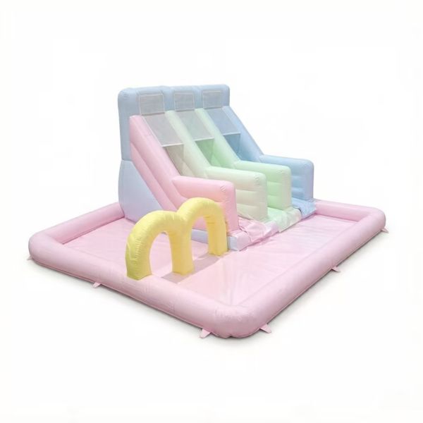 Pastel Rainbow Triple-Lane Inflatable Slide with Ball Pit Inflatable Bounce House for Kids  Parties