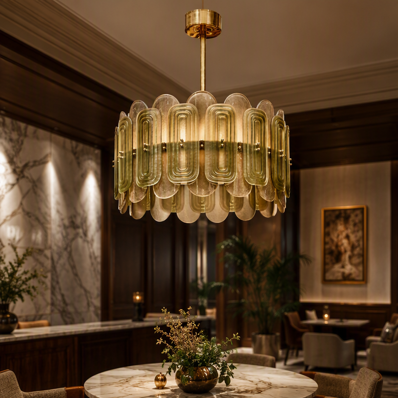 JYLIGHTING Vintage Tiered Oval Glass Pendant Light, Iron Frame Drum‑Style Chandelier for High‑End Restaurant, Hotel Dining Area & Luxury Residential Interior Decoration