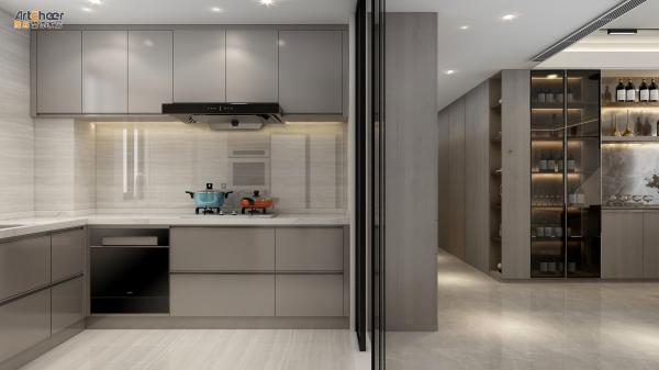 Modern Stylish Grey White Color Kitchen Cabinet With Matt Finish And Wall Hang Design