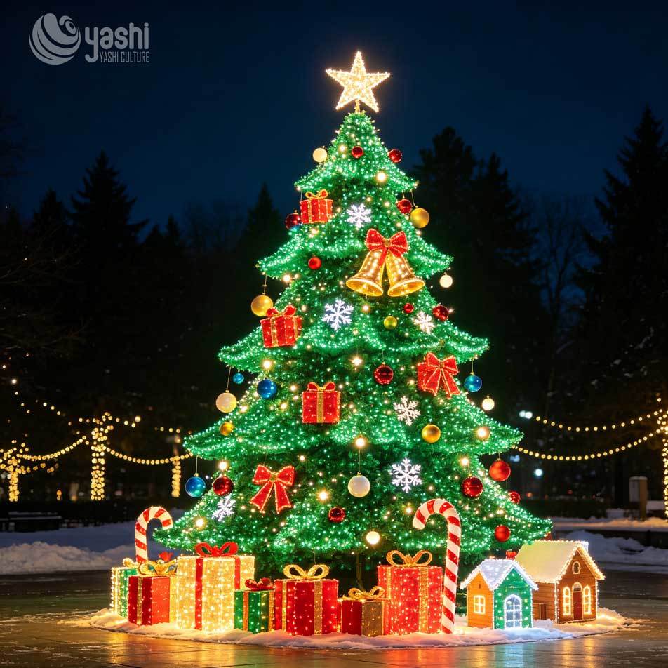 Custom LED Giant Christmas Tree Light Sculpture Set, Outdoor Xmas Scene Lights with Santa Sleigh, Reindeer & Snowman for Festival Light Show, Support Customization