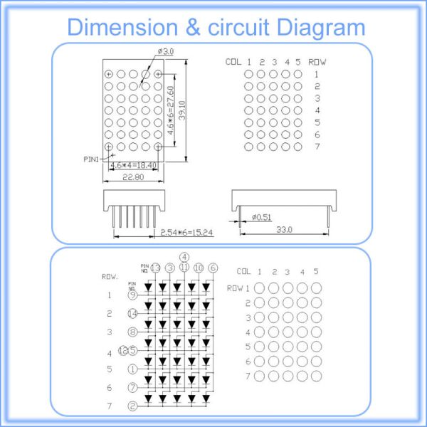 22.8x39.1mm 5x7 Round Type LED Dot Matrix Display 3mm (Ultra Bright Red/Green/Blue/RGB, Common Anode/Cathode)