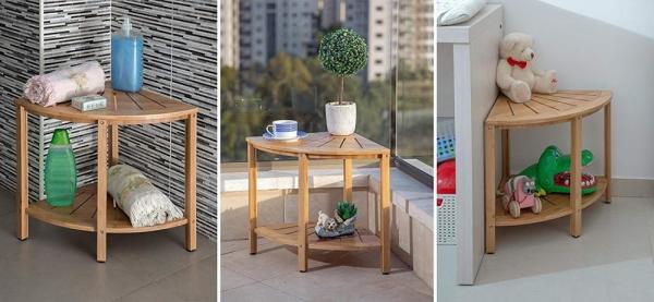 Versatile Indoor Outdoor Freestanding 2-Tier Bamboo Corner Shower Bench with Shelves