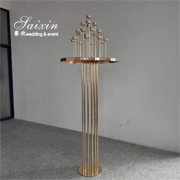 Decoração de piso de casamento Alto suporte de flores dourado com porta-velas central