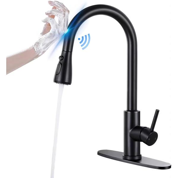 Matte Black Kitchen Faucet with Pull-Down Sprayer and Contemporary Style Brass Design
