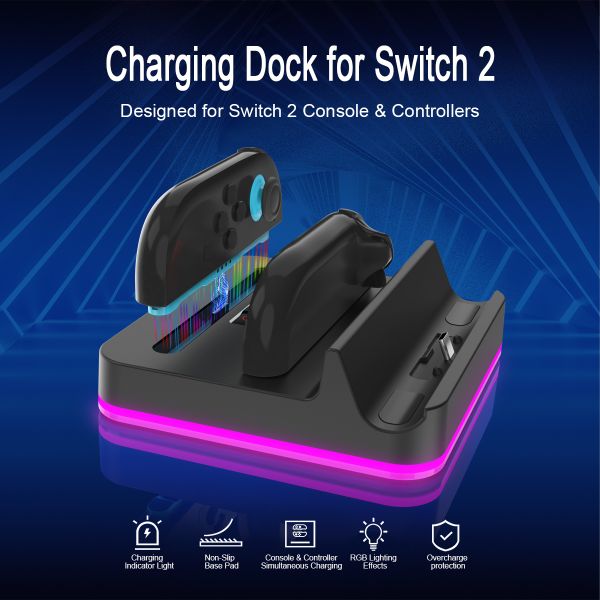 Multi-Function Charging Dock with RGB Lighting for Nintendo Switch 2– Charges Joy-Cons & Console