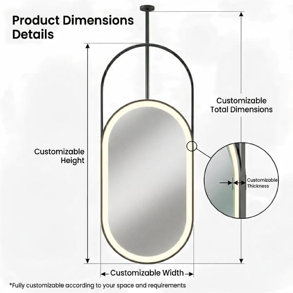 Kingstin Custom Suspended LED Mirror Smart Bathroom Oval Ceiling Mirror Bluetooth Defogger Sensor