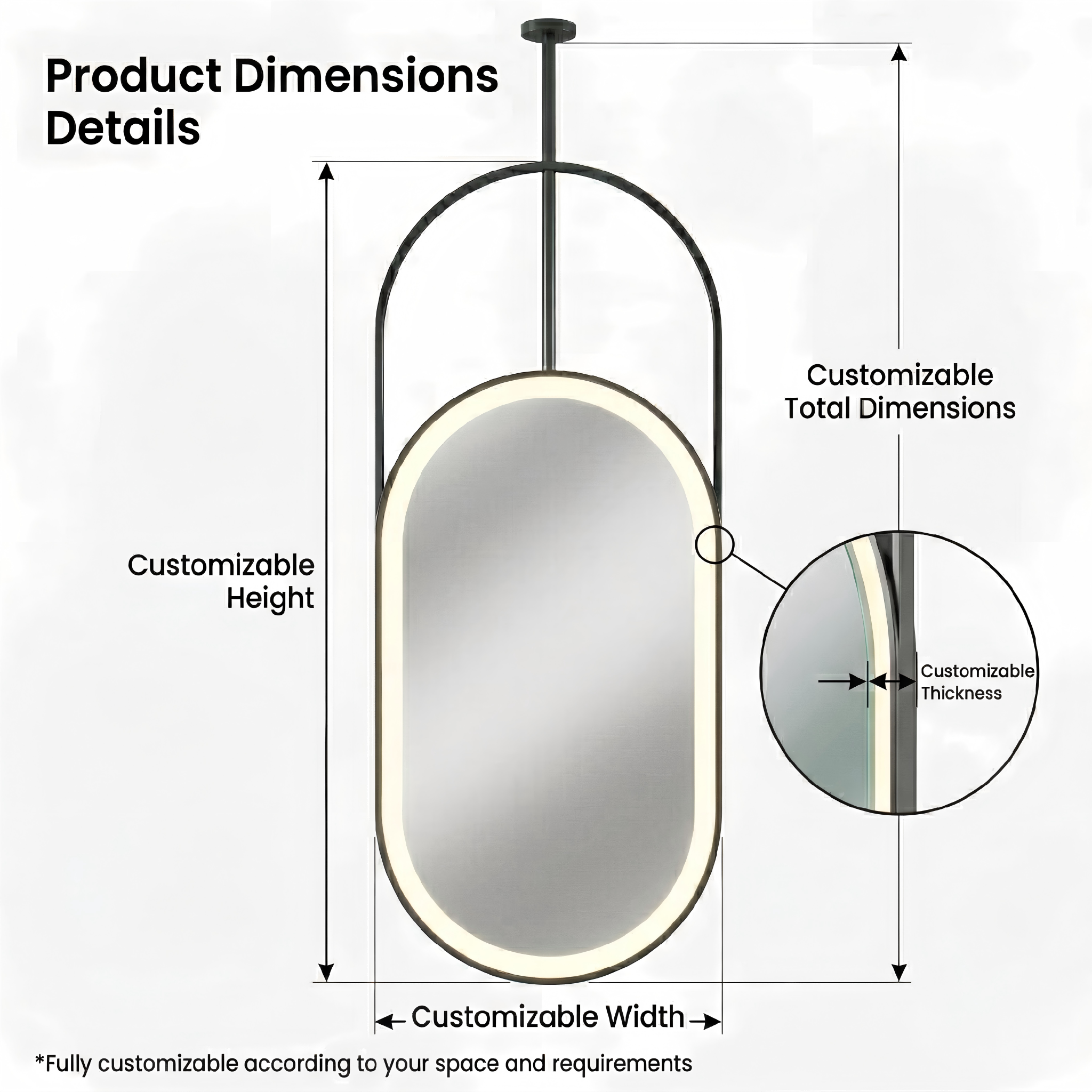 Kingstin Custom Suspended LED Mirror Smart Bathroom Oval Ceiling Mirror Bluetooth Defogger Sensor