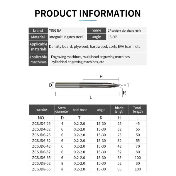 HardBar Solid Carbide Double Edge Straight Groove Sharp CNC Wood Bit with 15-30° Angle for Wood and EVA