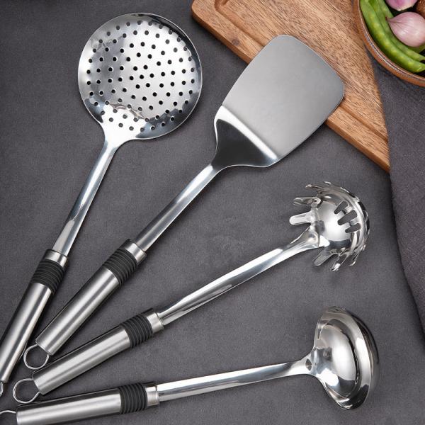 High grade Custom  6PCS set Kitchen tool with tray Stainless steel ladle turner fork spaghetti spoon for kitchen cook