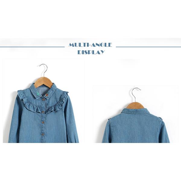 100% Cotton Children Slim Fit Long Ruffles Sleeve Denim Tops With Wood Button Closure