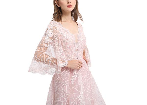 Custom Made Pink Half Sleeve Evening Gown With Hollow - Carved Design