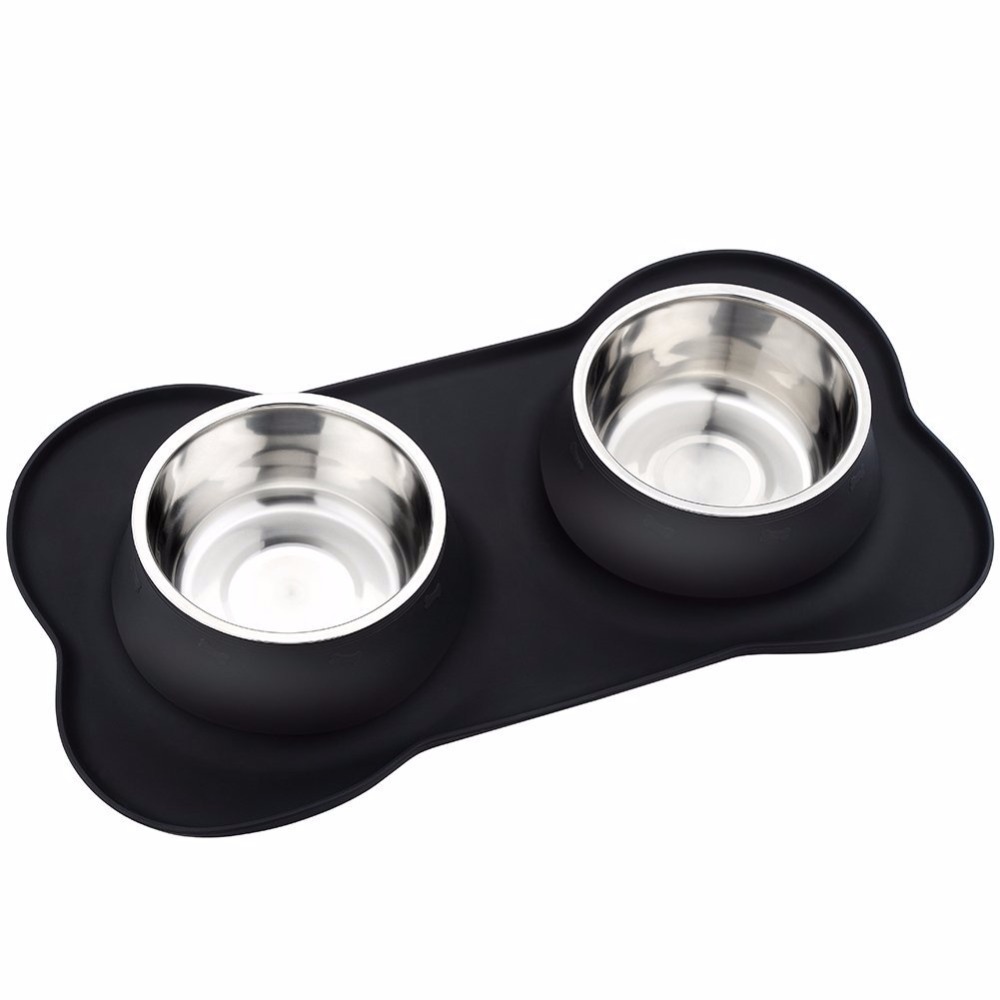 Factory Direct Sale Silicone Pet Bed with Stainless Steel Double Dog Bowls, Pet Bowl & Pet Pad, Stainless Steel Silicone Double Dog Bowls