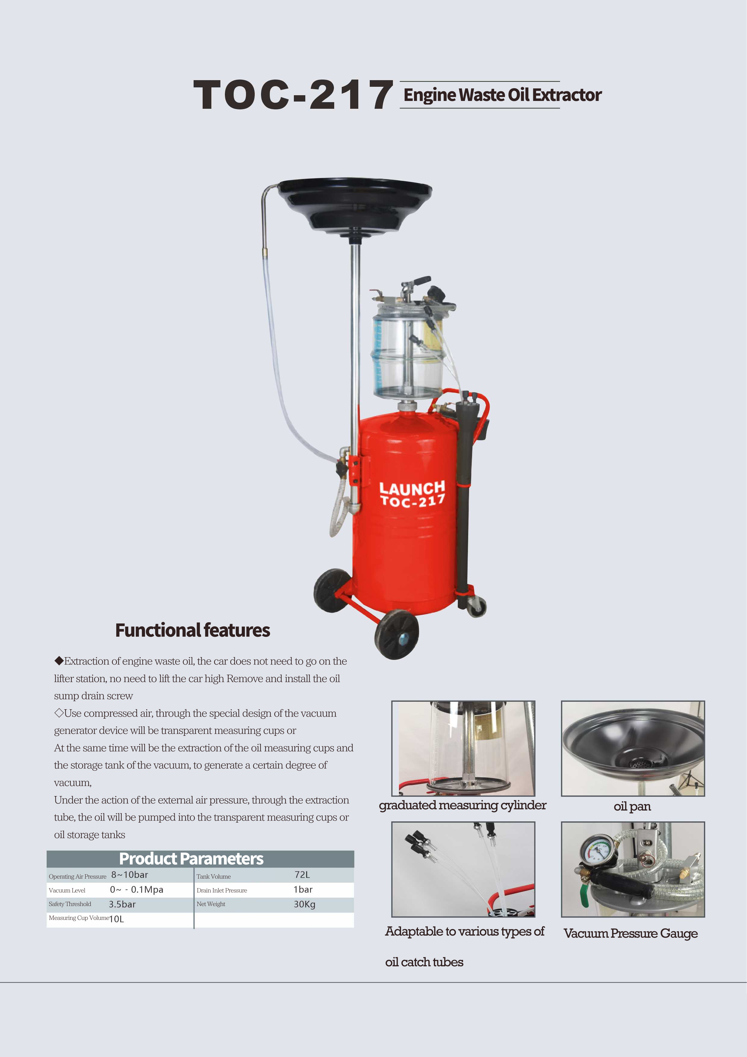 Universal Vehicle Tools Engine Waste Oil Extractor Machine with 72L Oil Storage Tank and High-Quality Materials