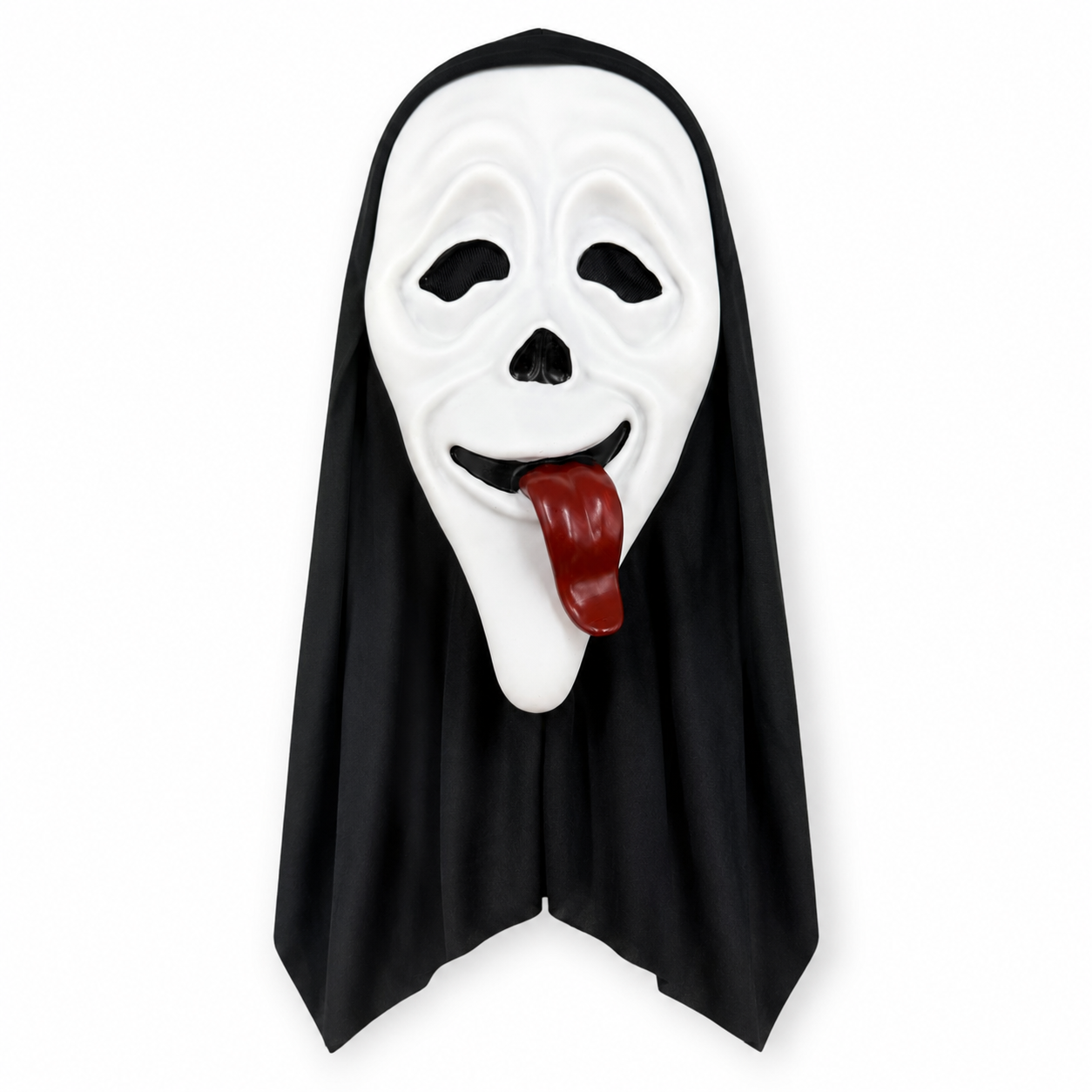 PVC Tongue Scream Mask with Black Hood, White Ghost Face Horror Party Mask, Funny Scary Halloween Cosplay Face Cover for Masquerade, Festival Costume, Stage Props and Photo Video Scenes