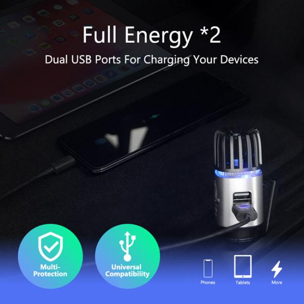 Fast Charge 2 USB Aluminum Air Purifier Car Charger 12W DC 5V