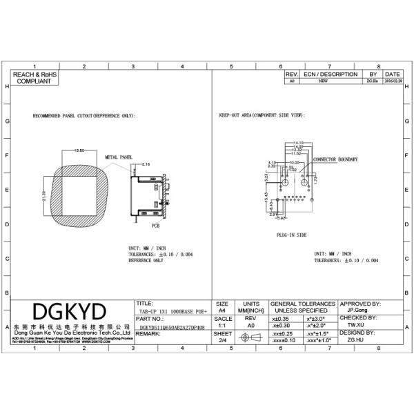 Вертикаль степени DGKYD511Q650AB2A27DP408 POE+180 прямо в соединении гнезда RJ45 сети интерфейса