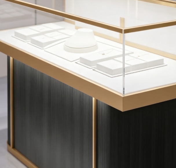 Customized Design Luxury Front Showcase with LED Lighting and Vintage Gold Finish for Jewelry Display