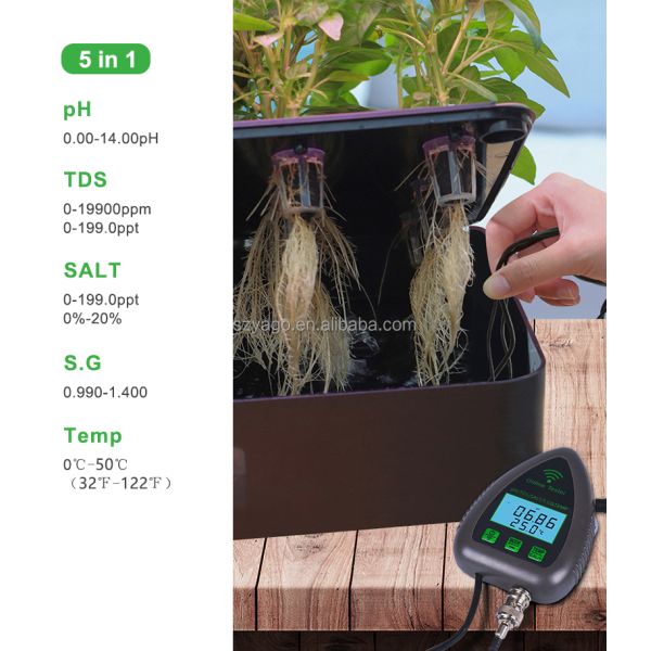 Wifi Online Digital PH Meter 5 in 1 GS&TEMP&PH with 0-19900ppm TDS and 0-199.0ppt Salinity for Aquarium and Hydroponics