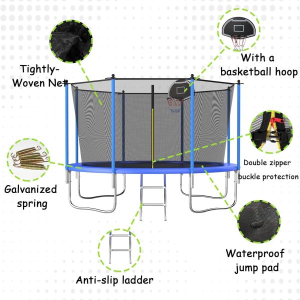 12FT Durable Outdoor Trampoline - Reinforced Springs & Safety Enclosure for Family Use