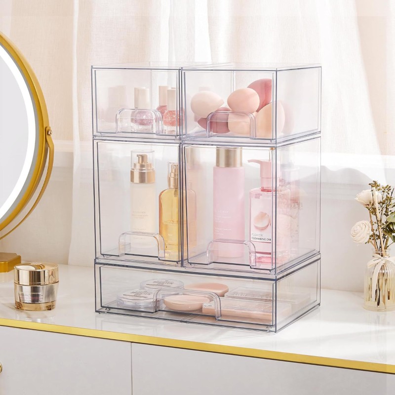 Multi-Tier Clear Makeup Organizer Detachable Stackable Desktop Storage Box Dustproof Cosmetic Display Case with Drawers for Home