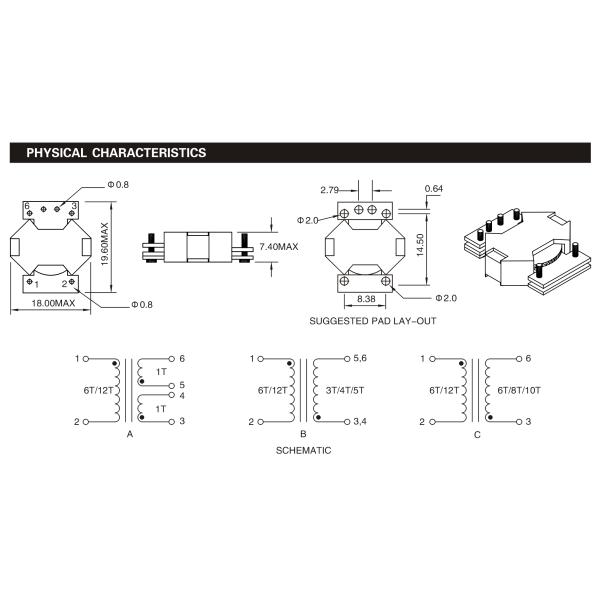 300KHz - 3MHz Planar Transformer Maximum Thickness 7.4mm Low Leakage Inductance