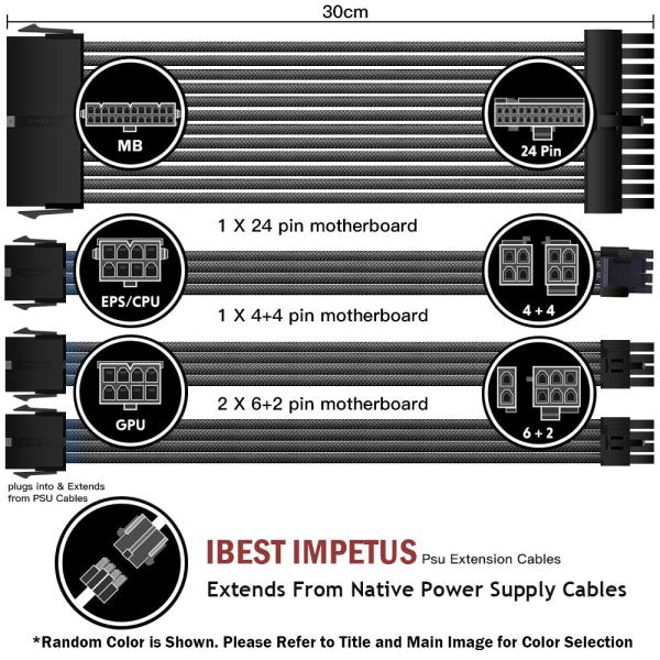 Hot Selling Arc Cable Cotton Sleeved Computer PC ATX Used Male to Female Stripped Curved Extension Cord 18AWG 300mm