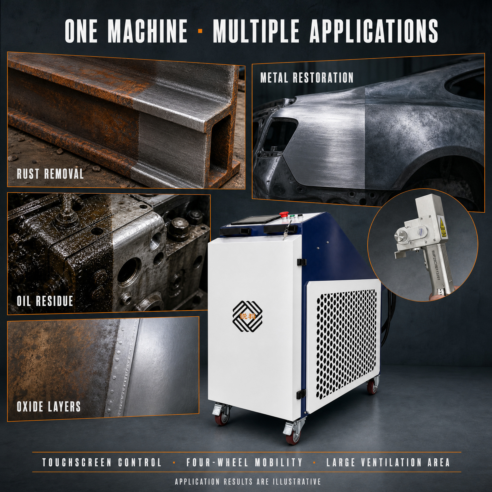 Industrial Handheld Laser Cleaning Machine with Touchscreen Control & Four-Wheel Mobility for Various Metal Cleaning Jobs