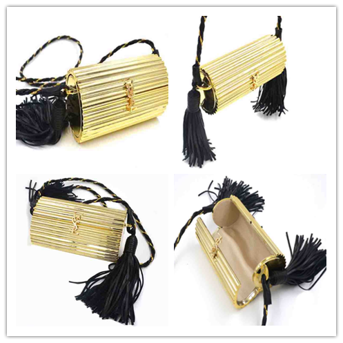 Ladies Earthly Solid Gold Coloured Clutch Bags With Black Pu Leather Tassel