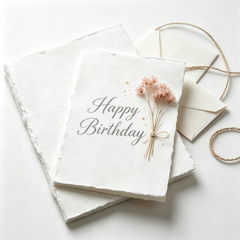 Handcrafted cotton paper birthday cards with deckle edges and pressed flowers